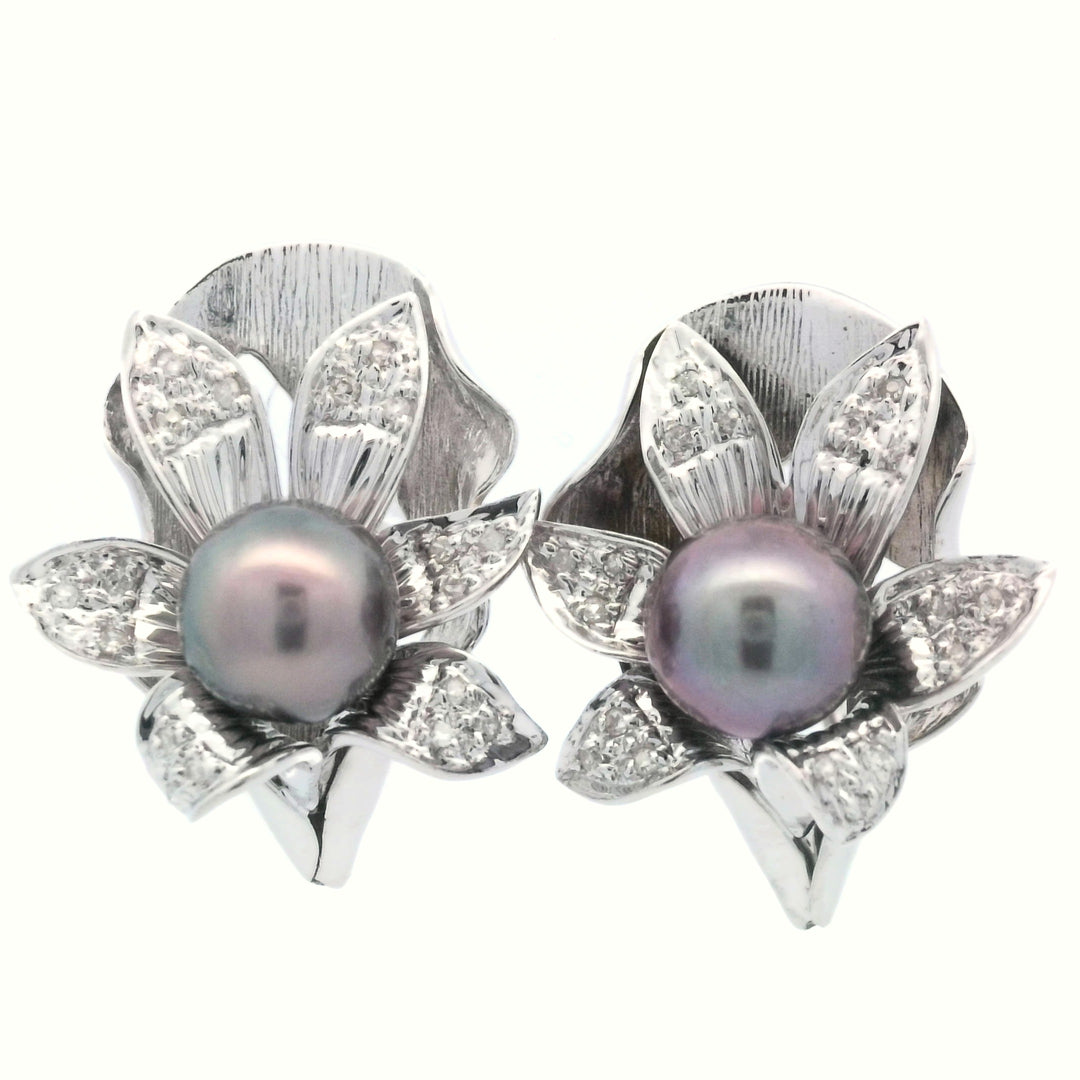 14kt White Gold 8mm Tahitian Pearl Flower Earrings
