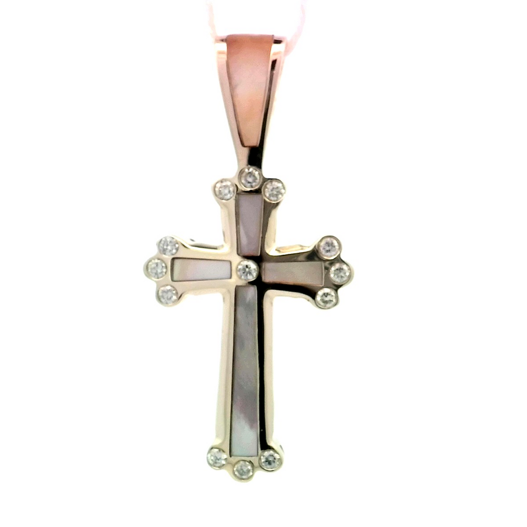 14kt Yellow Gold Mother of Pearl Diamond Cross Pendant
