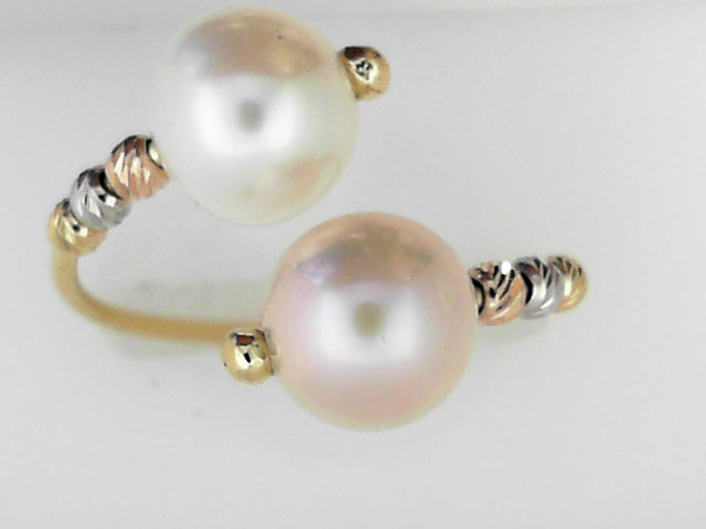18kt Tri-Color Gold Double 8mm Cultured Pearl Ring