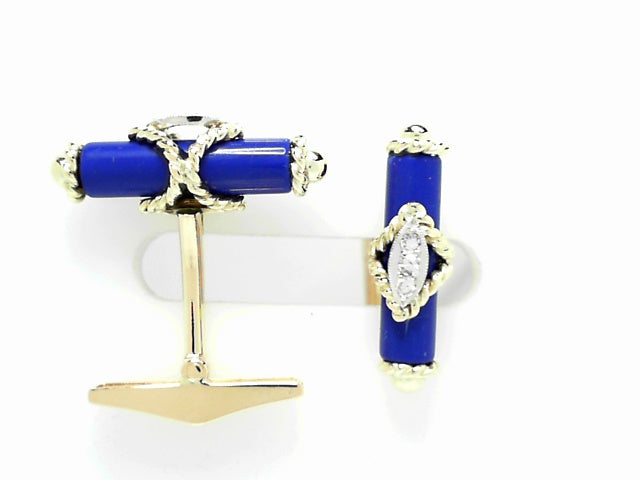 18K Gold Vintage Lapis Diamond Gentleman's Cuff Links