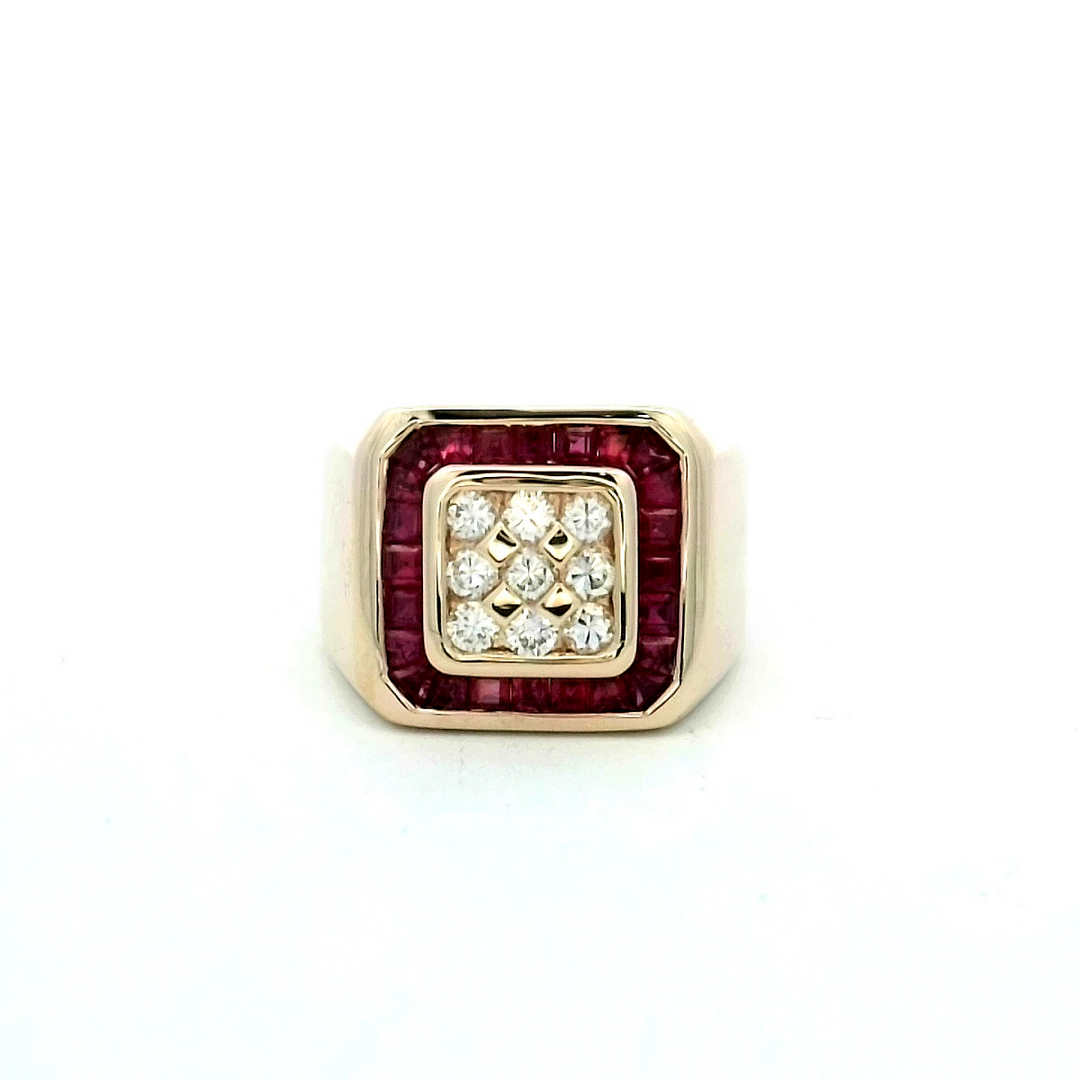 14kt Yellow Gold Men's Ruby Diamond Geometric Ring