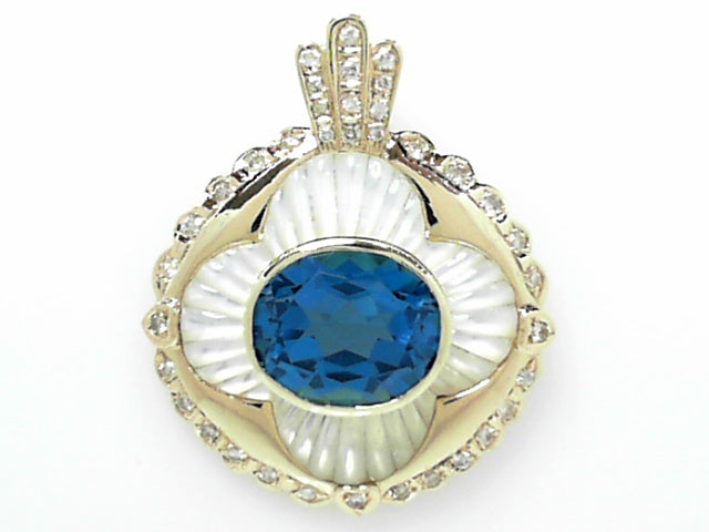 14kt Gold Blue Topaz Diamond Mother of Pearl Pendant