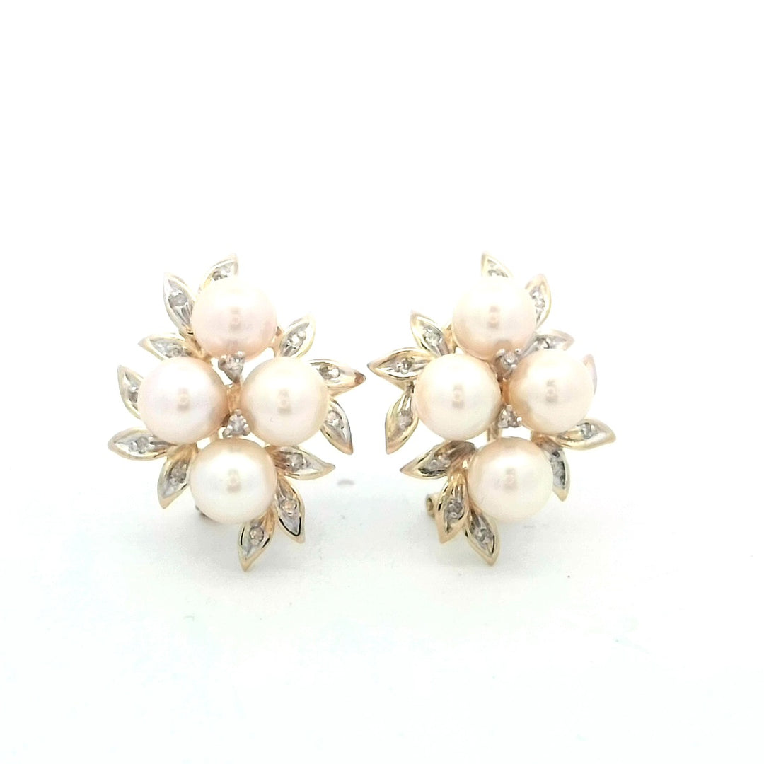 14kt Gold Vintage Pearl Diamond Cluster Earrings