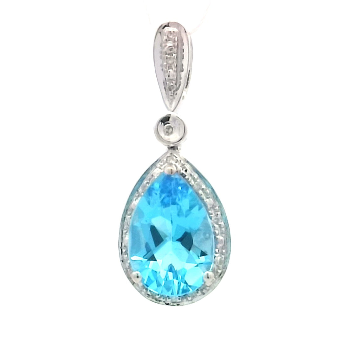 14kt White Gold Swiss Blue Topaz Diamond Drop Pendant