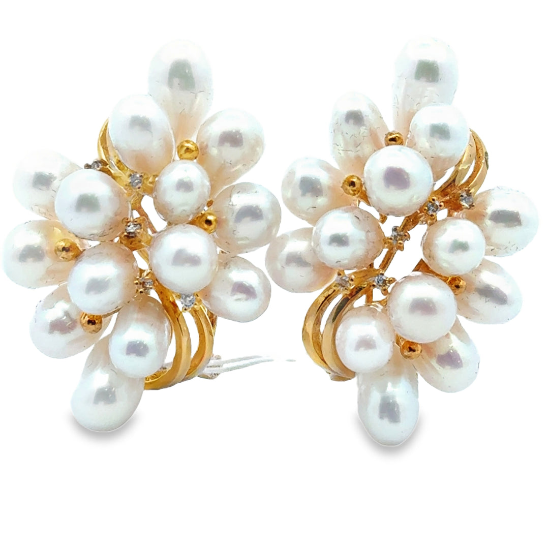 14K Gold Pearl & Diamond Cluster Drop Earrings