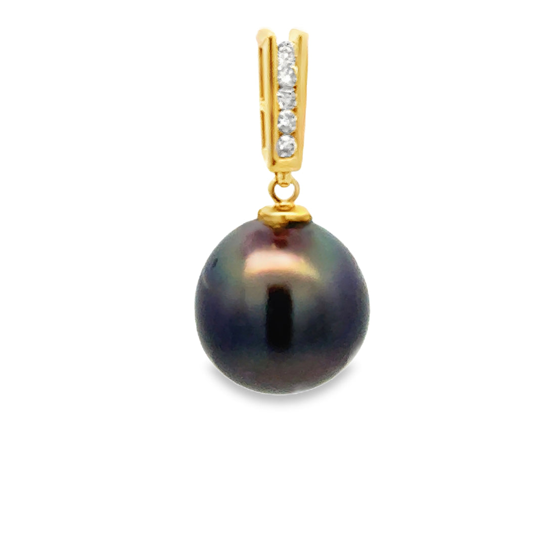 14K Yellow Gold 12mm Tahitian Pearl Diamond Pendant