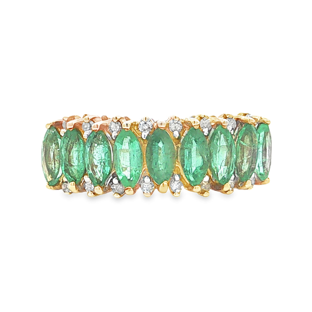 14K Gold Emerald Cut Emerald Diamond Cocktail Ring