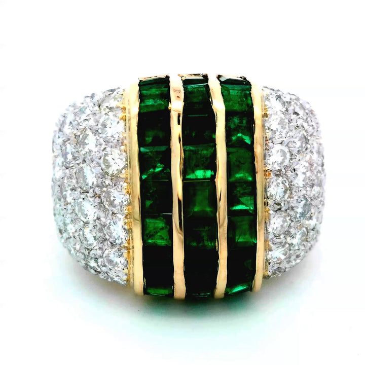 18K Yellow Gold Emerald Cut Emerald Diamond 3-Stone Ring