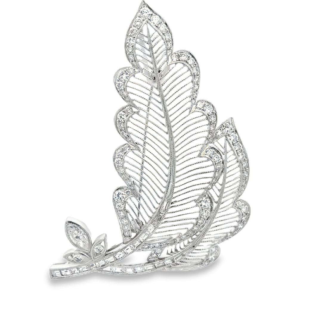 18K Gold Marquise Diamond Leaf Pin 3.60ctw Elegant