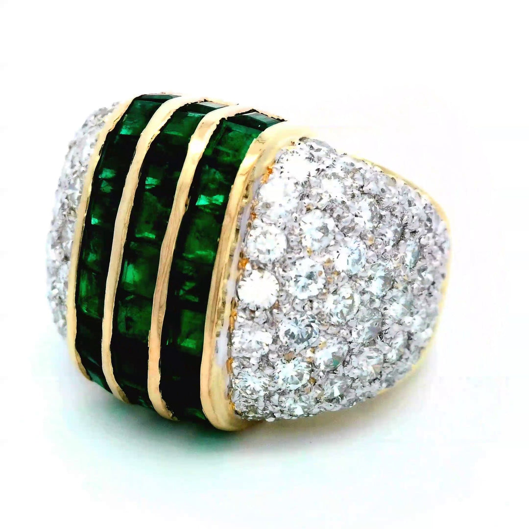 18K Yellow Gold Emerald Cut Emerald Diamond 3-Stone Ring