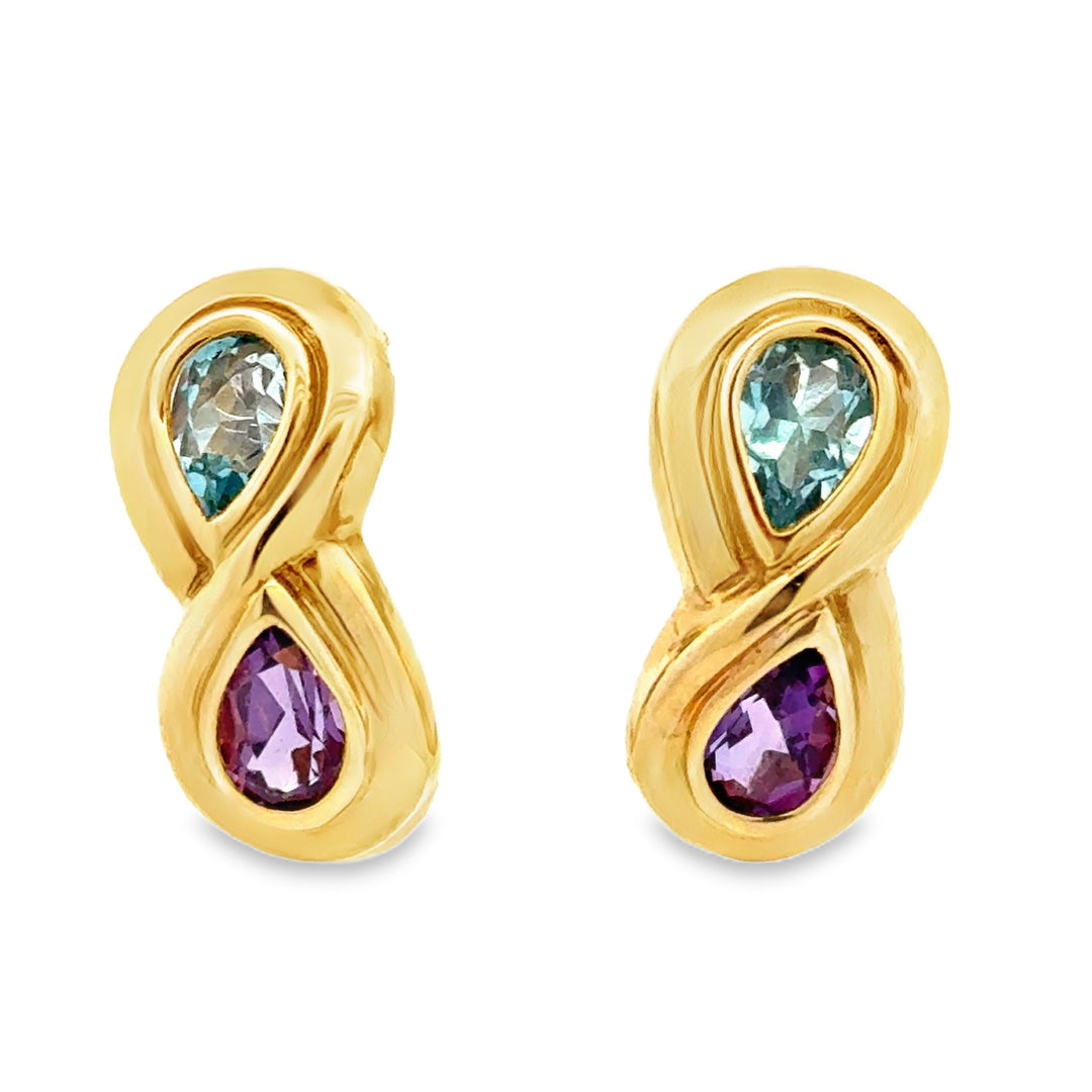 14K Gold Blue Topaz & Amethyst Drop Earrings