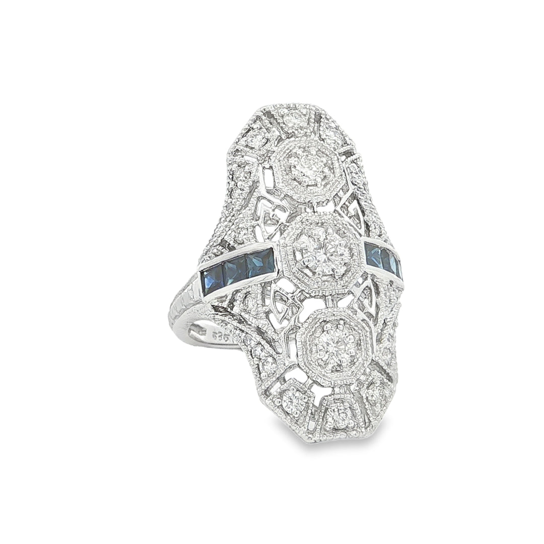 14K White Gold Art Deco Diamond & Sapphire Vintage Ring