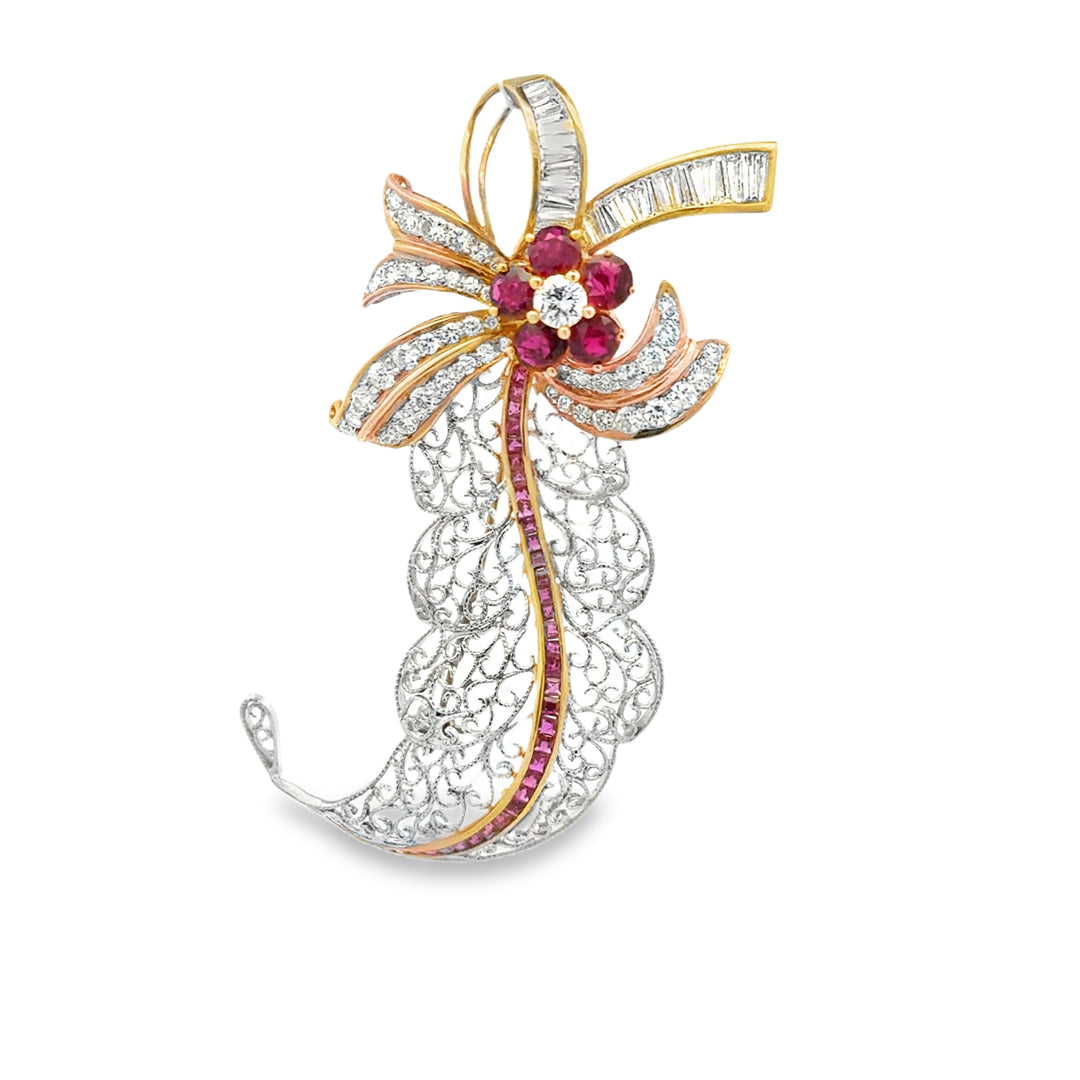 18K Gold Ruby Diamond Accent Vintage Brooch Pendant