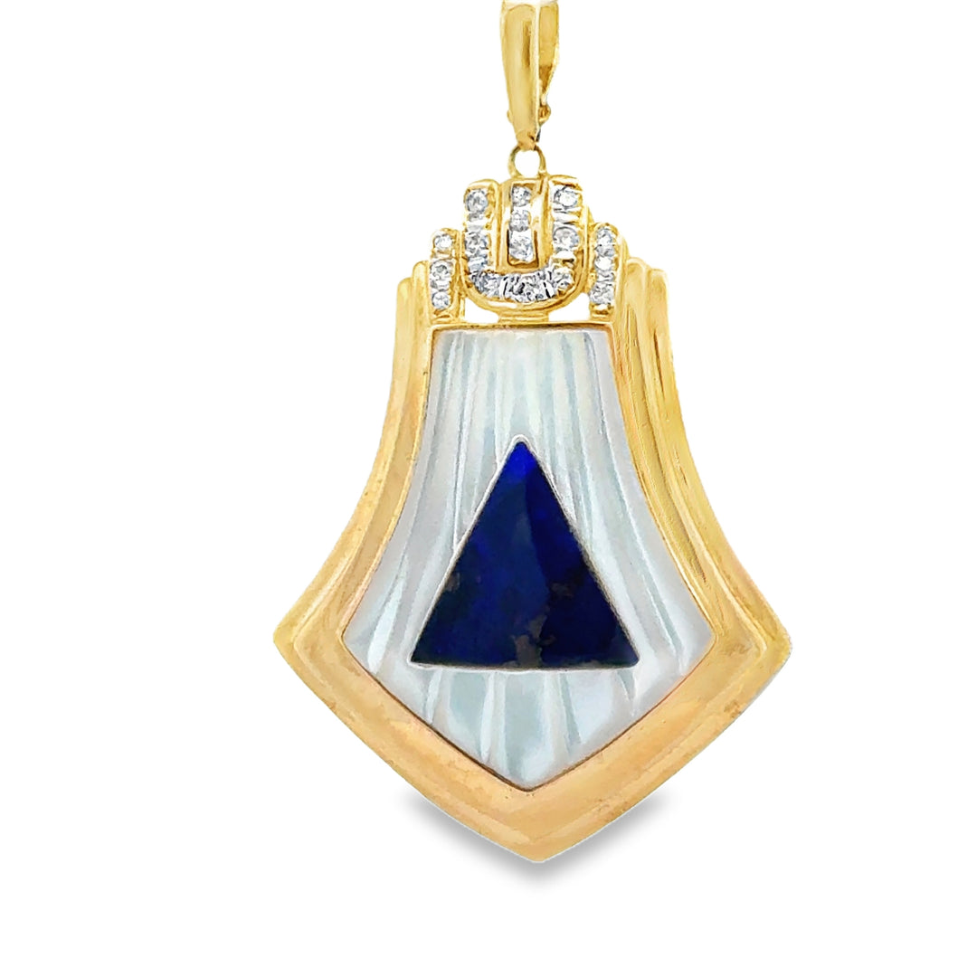 Elegant Diamond Lapis Pearl Gold Pendant Necklace