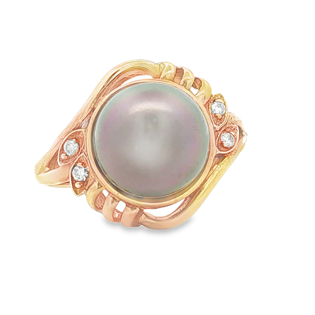14kt Gold Black Tahitian Pearl Diamond Accent Ring