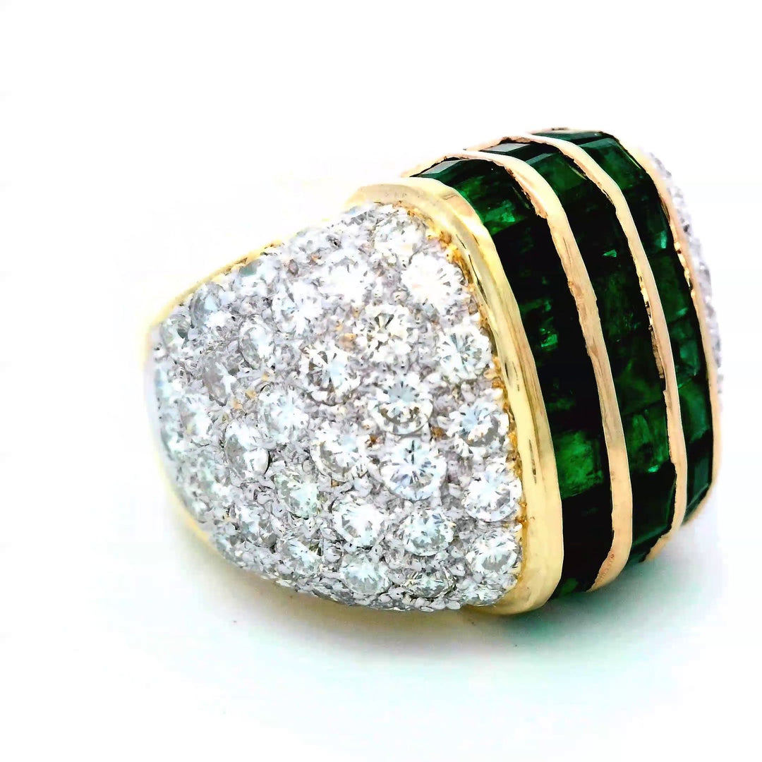 18K Yellow Gold Emerald Cut Emerald Diamond 3-Stone Ring