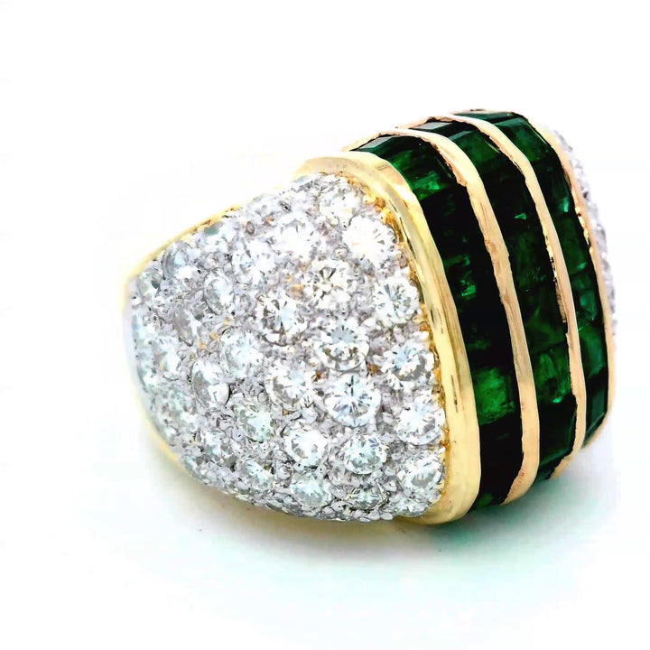 18K Yellow Gold Emerald Cut Emerald Diamond 3-Stone Ring