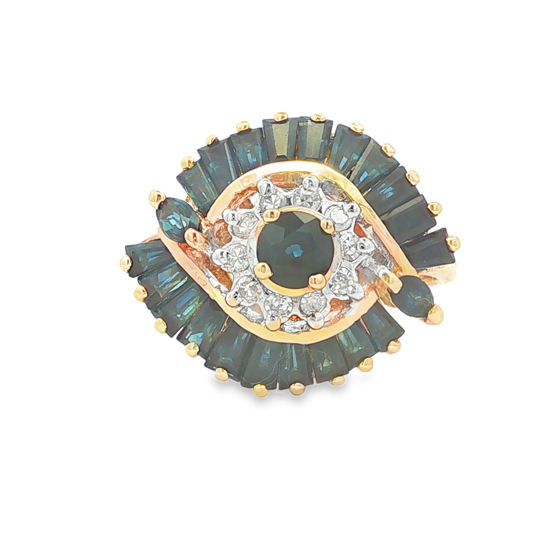 14K Vintage Blue Sapphire Diamond Women's Ring
