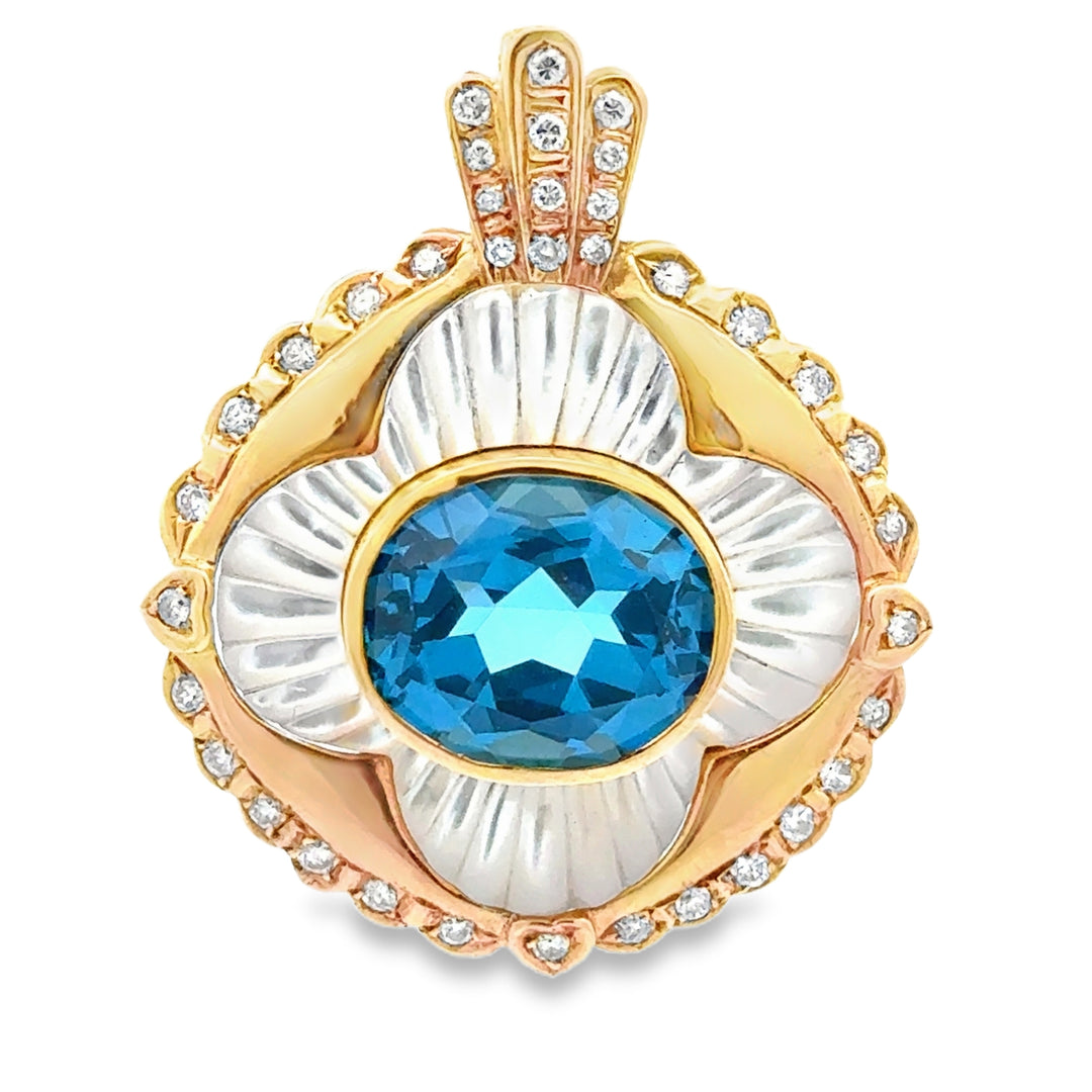 14kt Gold Blue Topaz Diamond Mother of Pearl Pendant