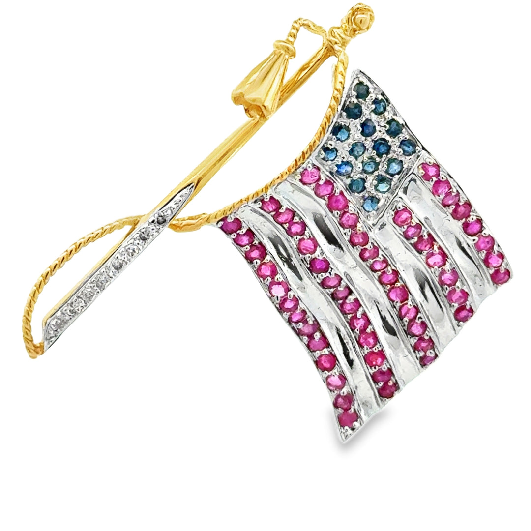 14K Gold Ruby Sapphire Diamond American Flag Patriotic Pin